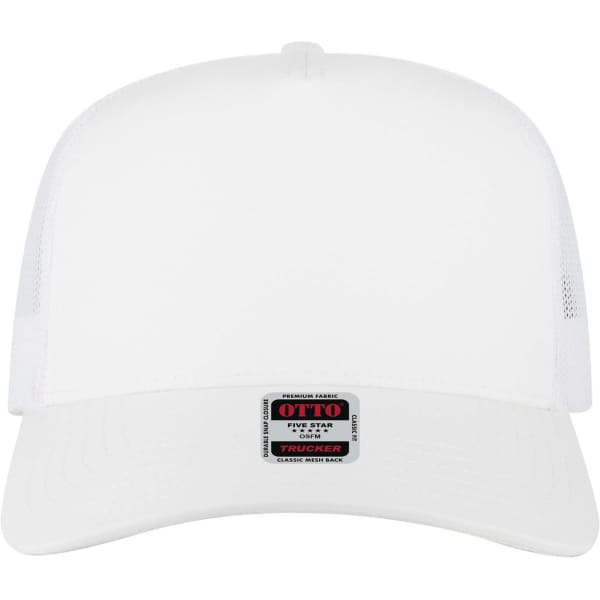 A white 5 panel mid profile trucker cap featuring a mesh back and a logo patch on the front.