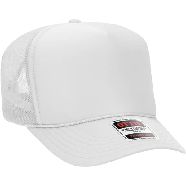 A high crown trucker cap in white with mesh sides and a logo on the front.