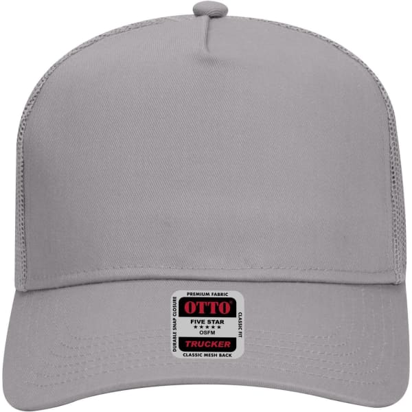 A grey 5 panel mid profile trucker cap with a mesh back and a logo on the front.