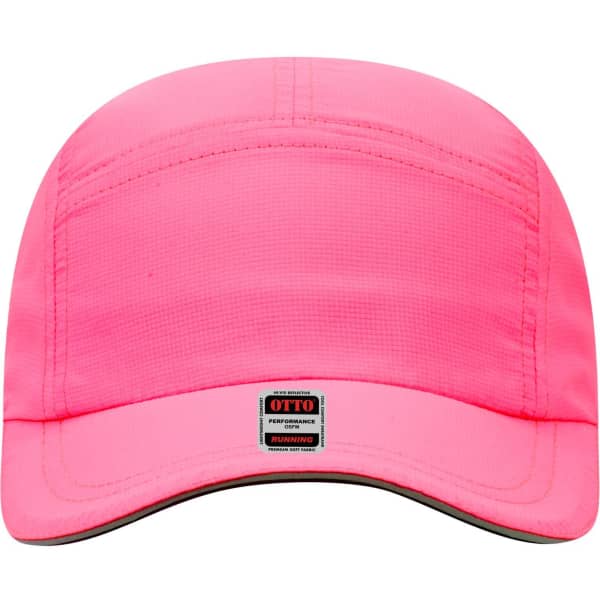A reflective five-panel running cap in bright pink, featuring a logo on the front.