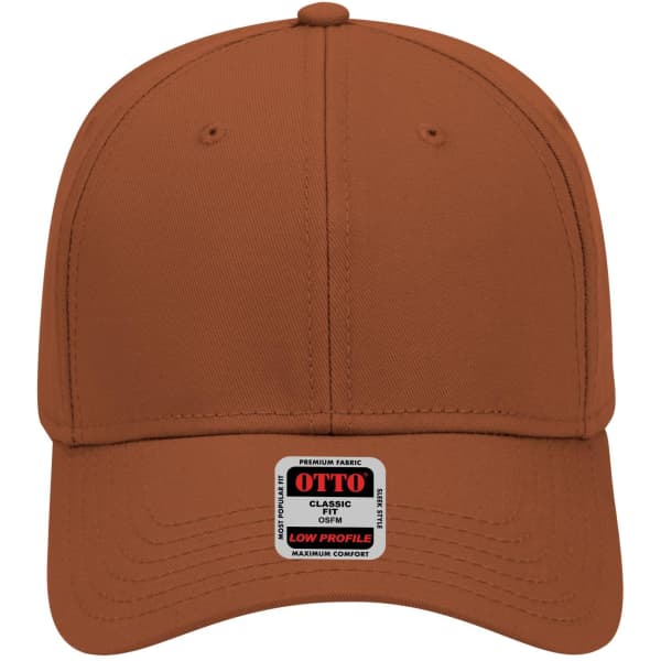 A brown 6 panel low profile baseball cap featuring a logo on the front.