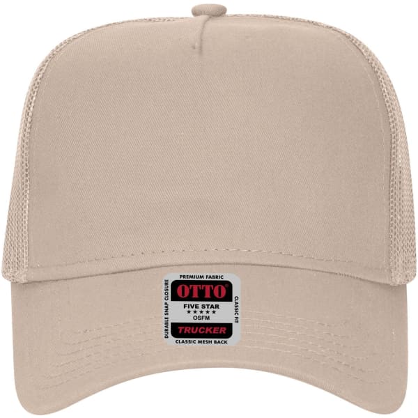 A beige 5 Panel Low Profile Trucker Cap featuring a mesh back and a label on the front.