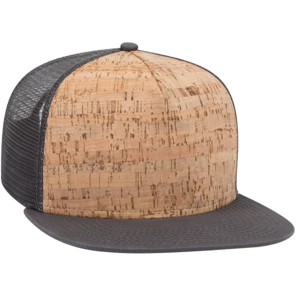 A cork-textured trucker cap featuring a grey mesh back and black brim, with a branded logo on the front.