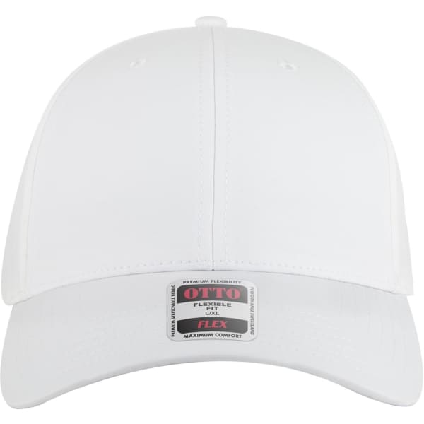 A white 6-panel low profile style baseball cap with a branded label on the front.