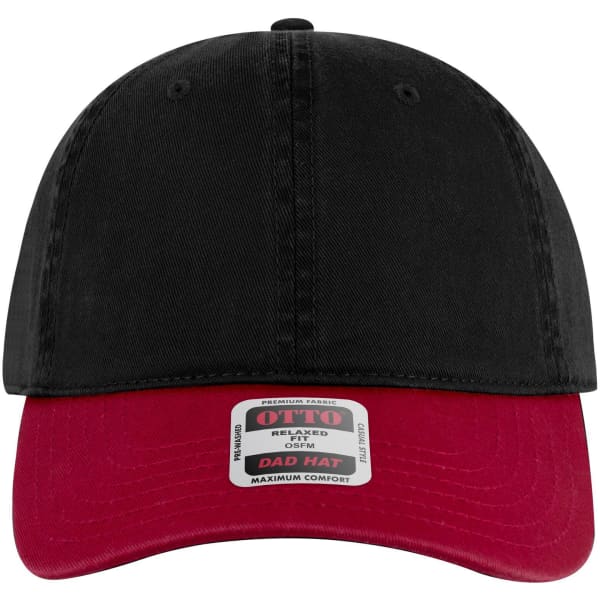 A black six-panel low profile dad cap with a red brim and a logo label on the front.