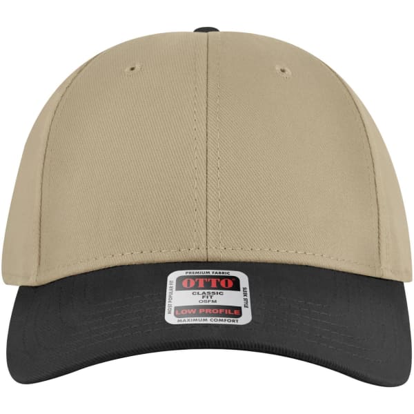 A beige and black 6 panel low profile baseball cap featuring a logo on the front.