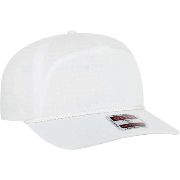 A white 5 panel mid-profile baseball hat featuring a braided accent and a logo on the side.