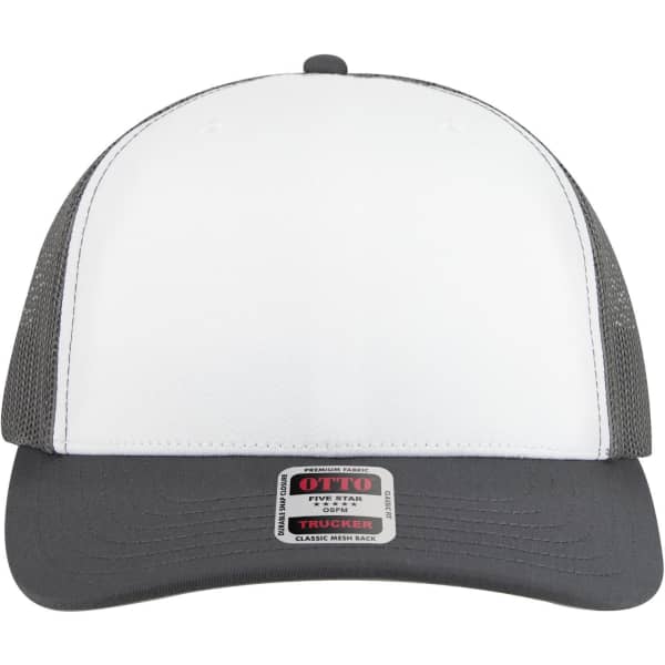 A mid-profile trucker cap featuring a white front and grey mesh back, with a branded label on the visor.