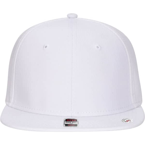 A white six-panel mid-profile snapback cap with a flat brim and a logo on the front.