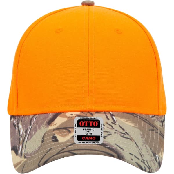 An orange cap with a camouflage-patterned brim, featuring a tag with a logo.