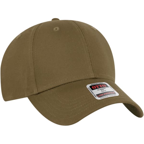 A khaki 6-panel low-profile baseball cap featuring an adjustable strap and a logo. Suitable for casual wear.