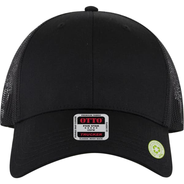 A black low profile trucker cap featuring mesh panels and a prominent logo label on the front.