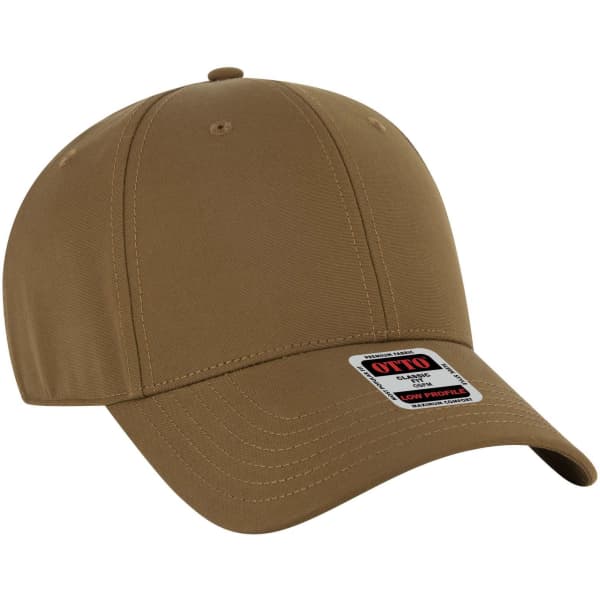 A brown six-panel low profile baseball cap with a logo on the front. The cap has a curved brim and adjustable back.
