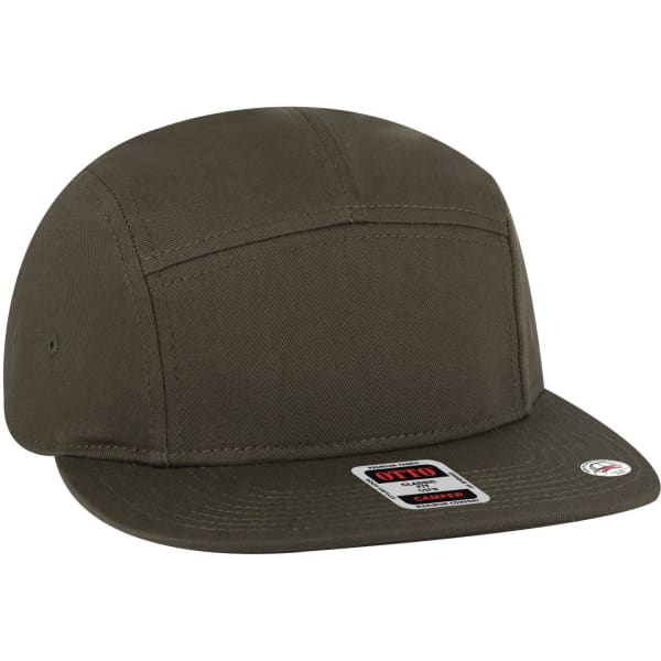 A dark olive green 5 Panel Camper Hat with a flat peak and a logo.