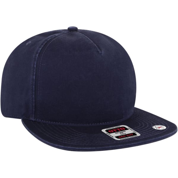 A navy 5 panel low profile style dad cap with a flat brim, featuring a small logo label.