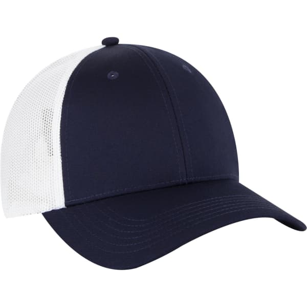 A navy blue and white 6 panel low profile trucker cap with a mesh back and a structured design, featuring a logo.