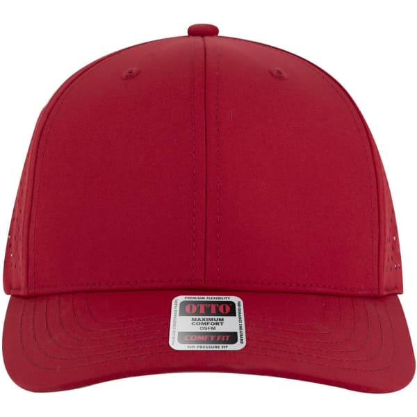 A red six-panel mid-profile baseball cap with a structured design and a logo on the front.