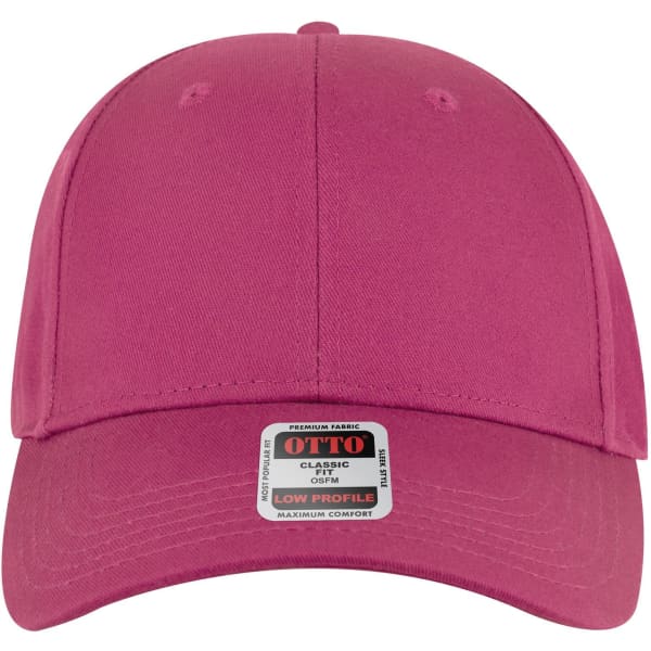 A pink 6-panel low profile baseball cap with a logo on the front. Suitable for casual wear.