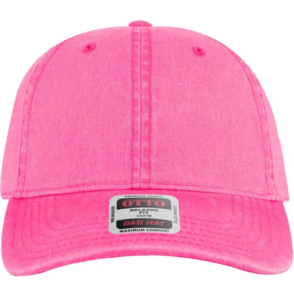 A bright pink 6-panel low profile dad cap with a logo on the front.