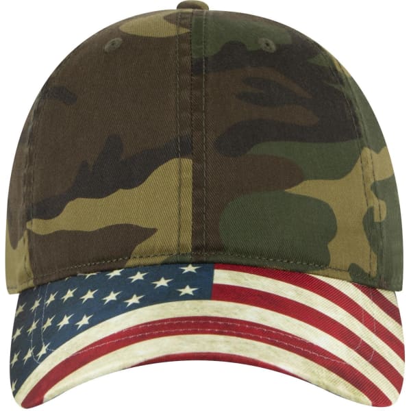 A camouflage baseball cap featuring an American flag design on the brim and a logo on the front.