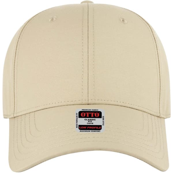 A beige low profile baseball cap featuring a logo on the front and a curved brim.