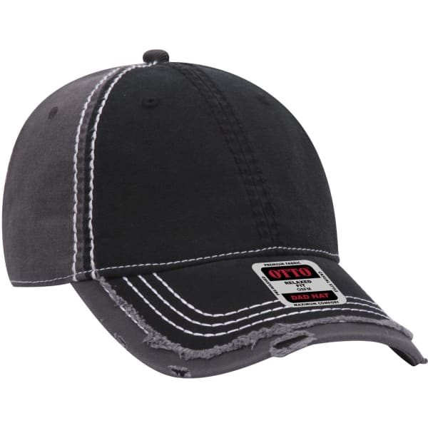 A grey, six-panel low profile dad cap with contrasting white stitching and a distressed brim, featuring a logo.