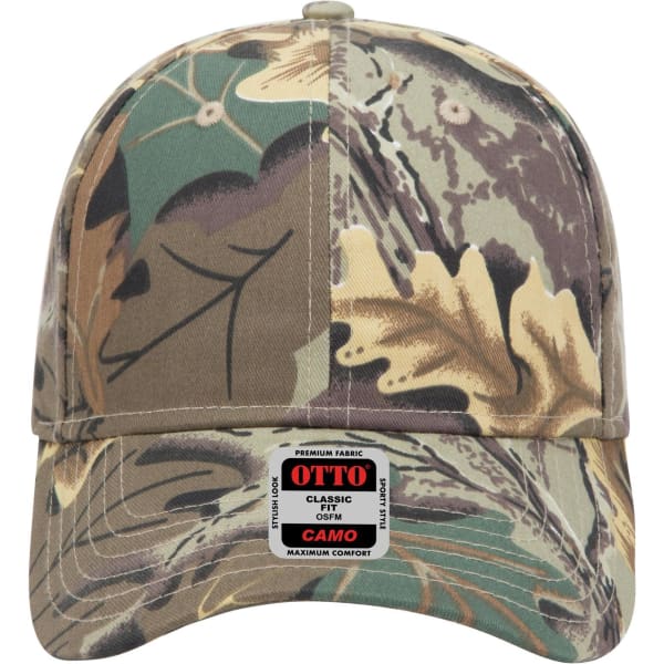 A camo-patterned low profile baseball cap with earthy tones and a branded tag. Suitable for casual wear.