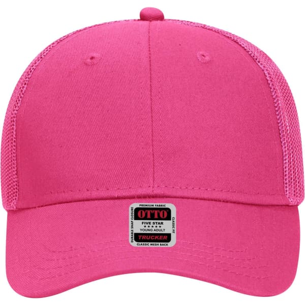 A pink 6 panel low profile trucker cap with a mesh back and a patch indicating brand information.