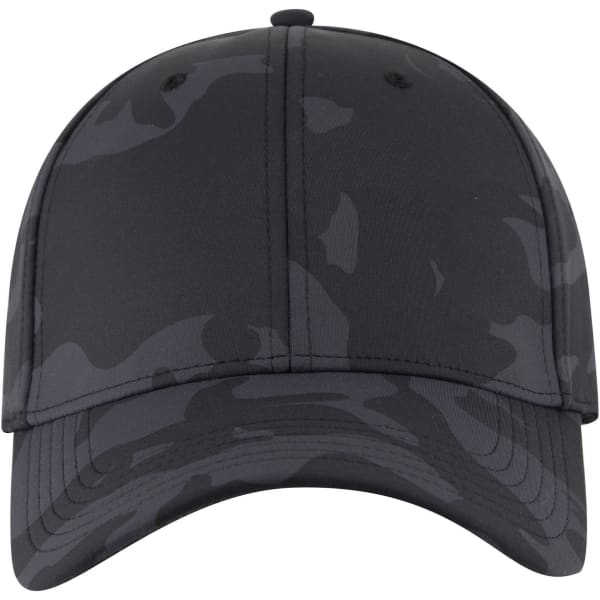 A black camo baseball cap with a low profile, featuring six panels and a logo on the front.