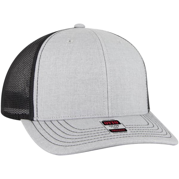 A grey and black 6 panel mid profile trucker cap with a mesh back and a brand logo.
