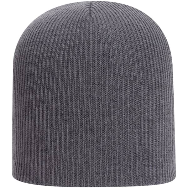 A premium rib knit beanie in a dark grey colour, featuring a simple design and a logo on the side.