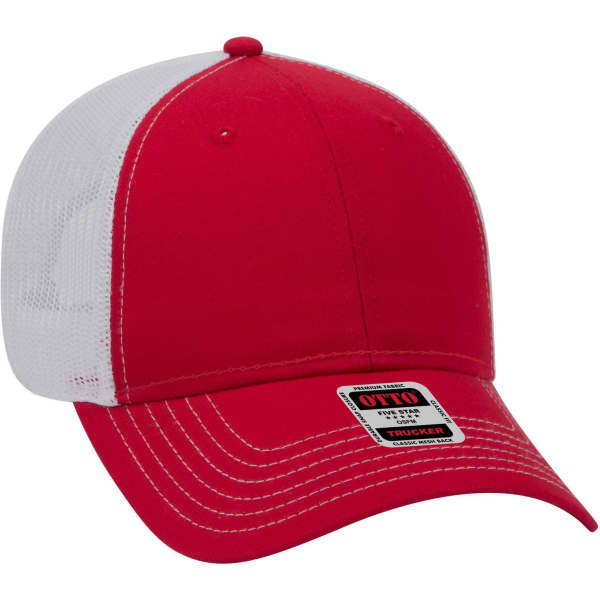 A red and white 6 panel low profile trucker cap with a mesh back and a logo on the front.