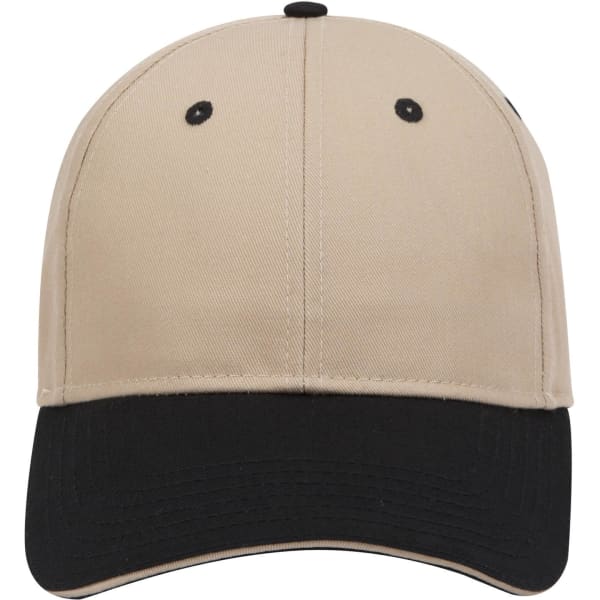 A low-profile baseball cap in beige with a black peak, featuring a logo on the front.