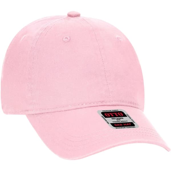A pink 6 Panel Low Profile Dad Cap featuring a branded tag. Ideal for casual wear.