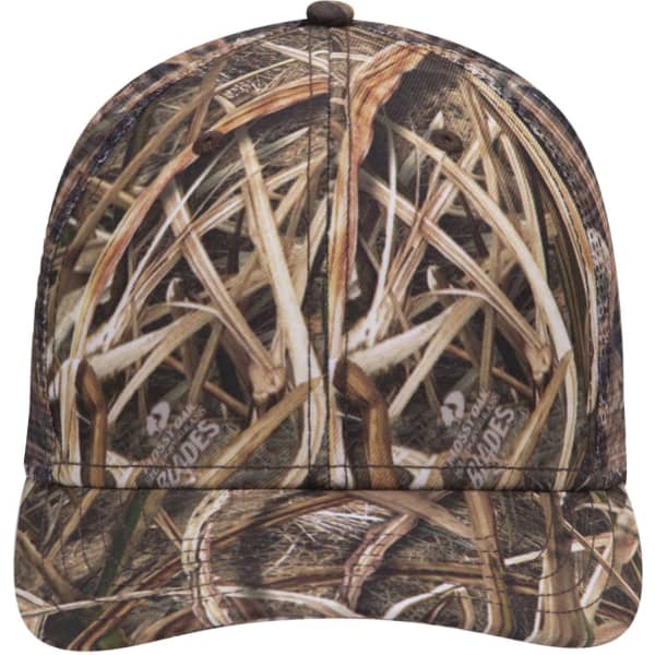A camouflage 6-panel low profile baseball cap with a nature-inspired design featuring shades of brown and green.