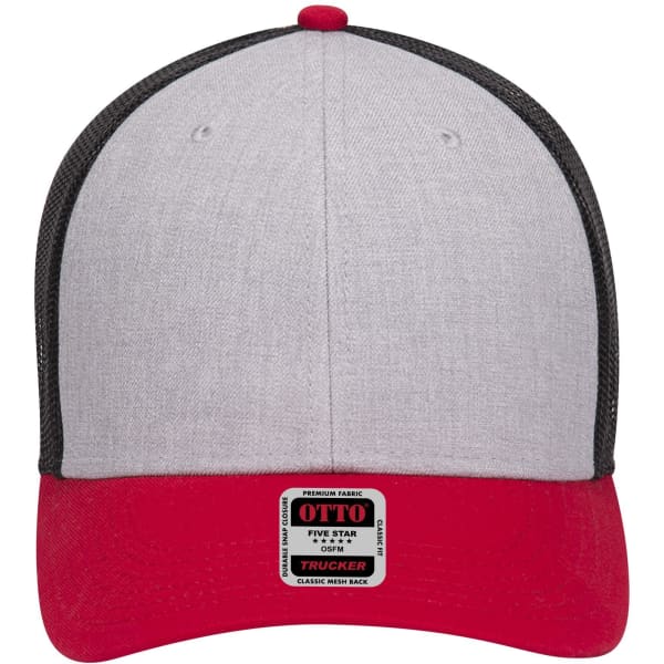 A grey and red 6 panel low profile trucker cap with black mesh sides and a logo on the front.
