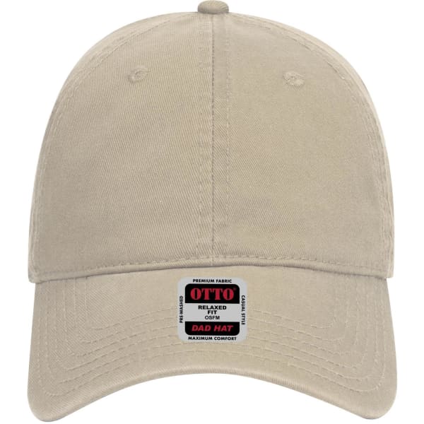 A light beige low profile dad cap with a curved brim and a sewn-on logo label.