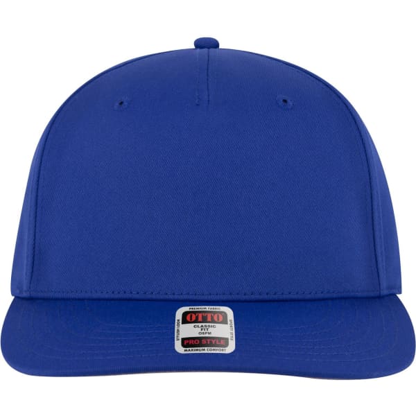 A blue 5 Panel Pro Style Snapback Hat featuring a front panel and a brim, with a logo on the side.