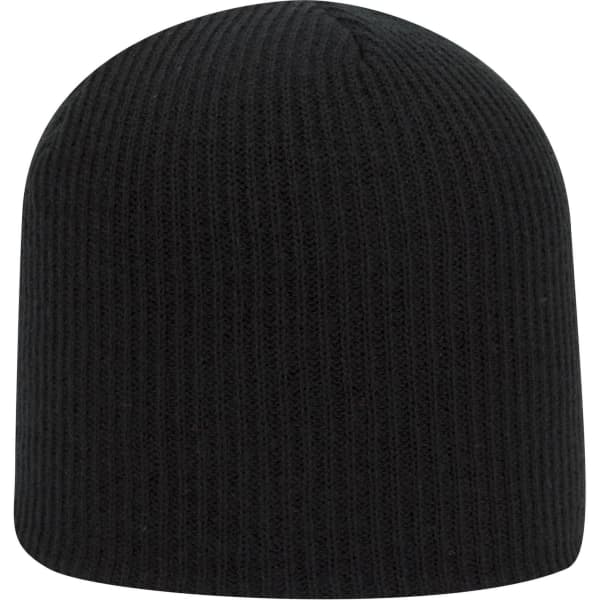 A black premium rib knit beanie with a snug, ribbed texture and a rounded top.