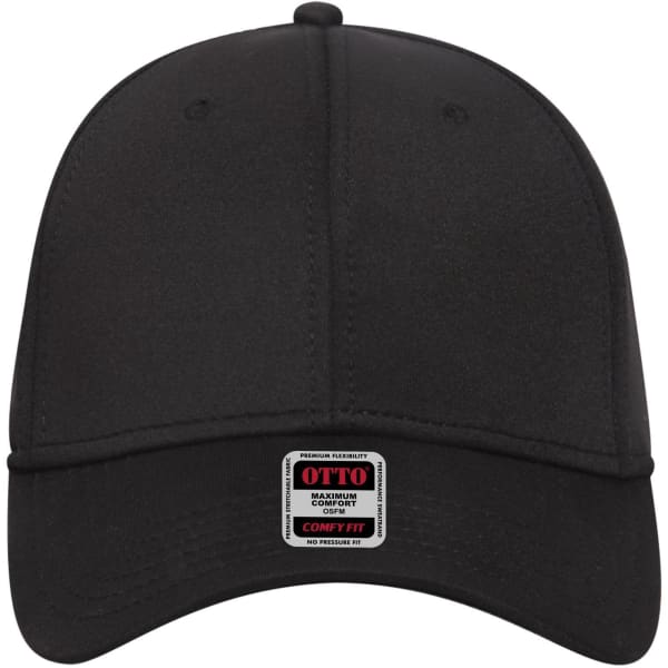 A black six-panel low profile baseball cap with a logo at the front.