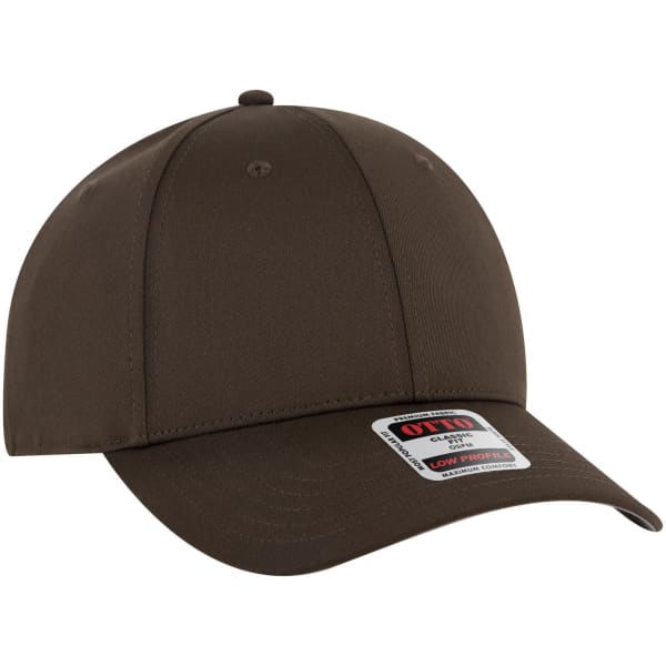A 6 panel low profile baseball cap in dark brown with a curved peak and a logo on the side.