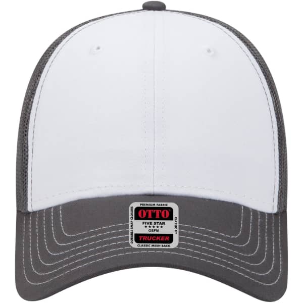 A low-profile trucker cap featuring a white front and grey mesh back, with a logo on the front.