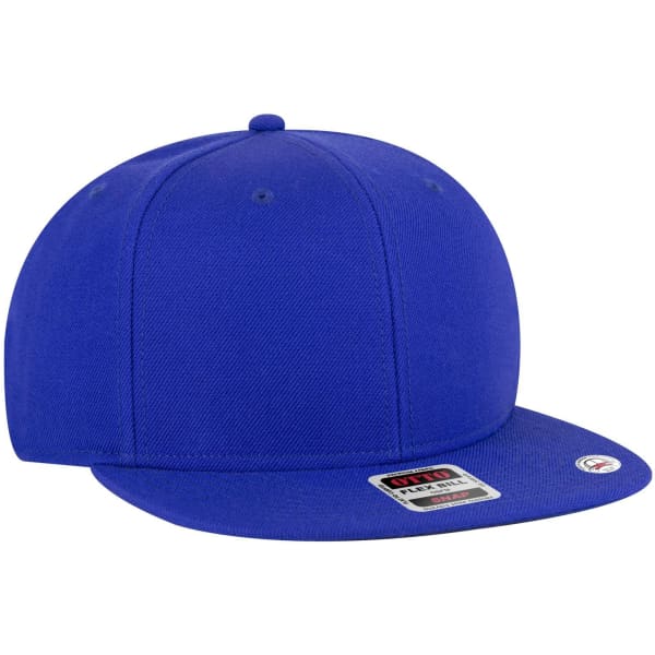 A blue 6 panel mid profile snapback cap with a flat brim and a branded tag.
