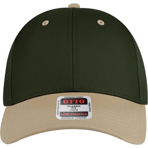 A low profile baseball cap in olive green with a beige peak and a logo on the front.