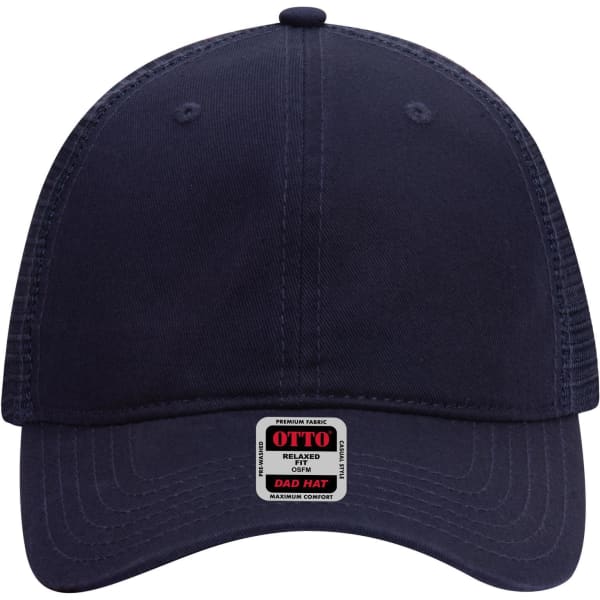 A navy blue low profile trucker dad cap with a curved brim and a logo on the front.