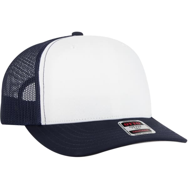 A white and navy blue mesh back trucker cap with a curved brim and a logo on the front.
