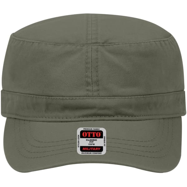 A military hat in olive green with a flat crown and a front band, featuring a branded label.