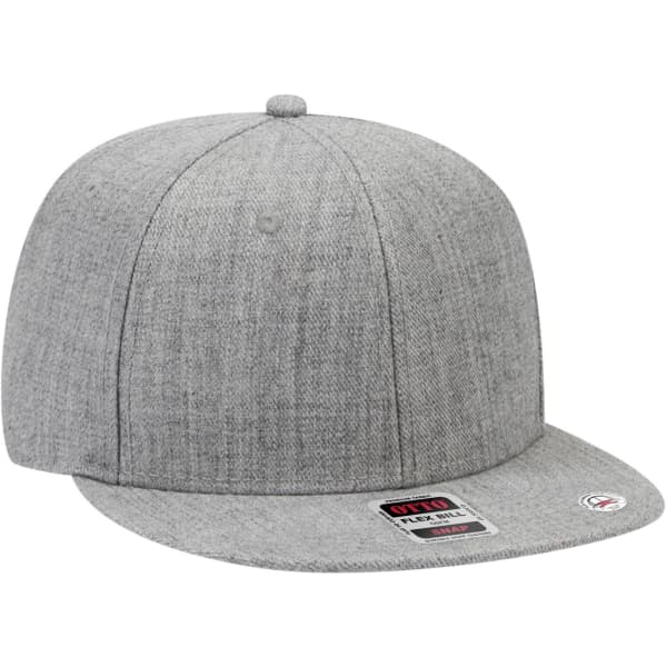A grey six-panel mid-profile snapback cap featuring a flat brim and a branded tag.