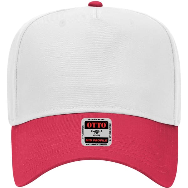 A 5-panel mid crown baseball cap featuring a white top and a red brim, with a logo on the front.