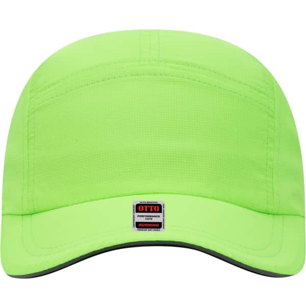 A reflective five-panel running cap in bright neon green with a black peak and a branding label.